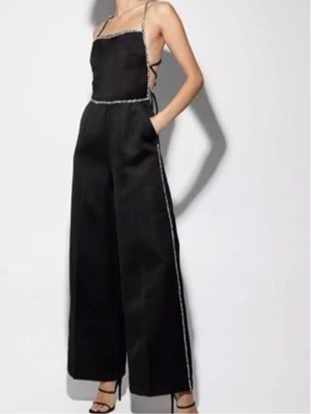 Nasty Gal- Black Premium Satin Diamante Trim Strap Back Jumpsuit 6